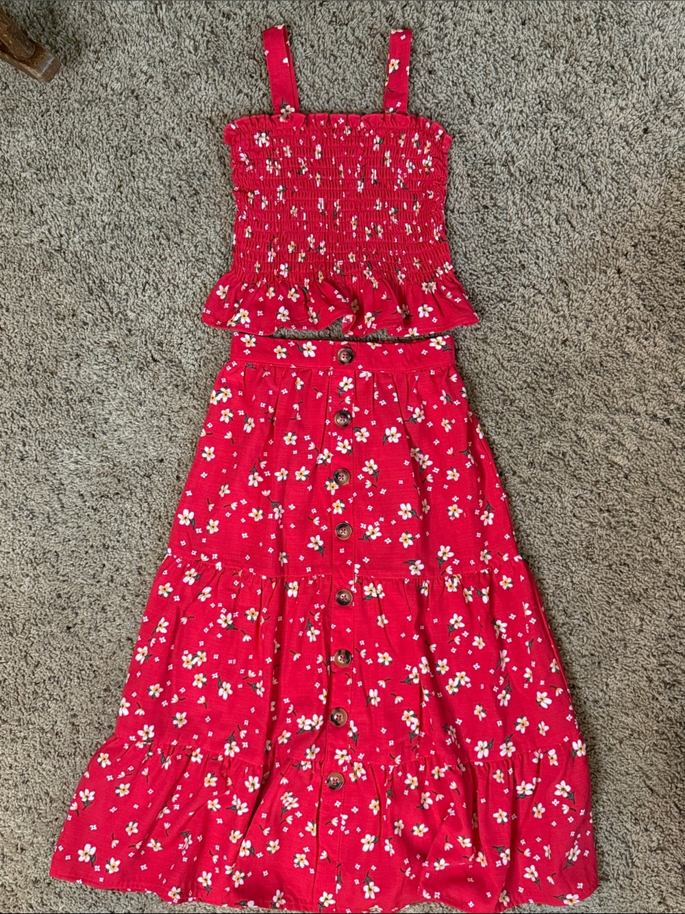 Market & Spruce Red Floral Smocked Two-Piece Set with Buttons